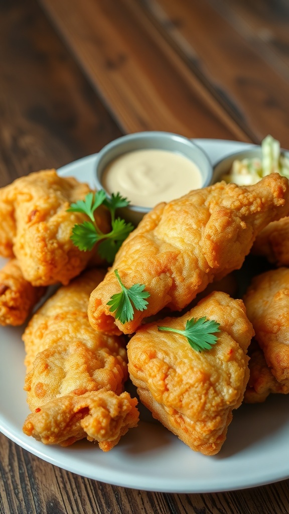 A plate of crispy fried chicken with golden skin and a side of coleslaw.